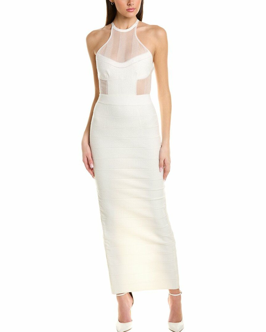 * Herve Leger Women Herve Leger Lace Texture Sheer Halter Gown | Dresses